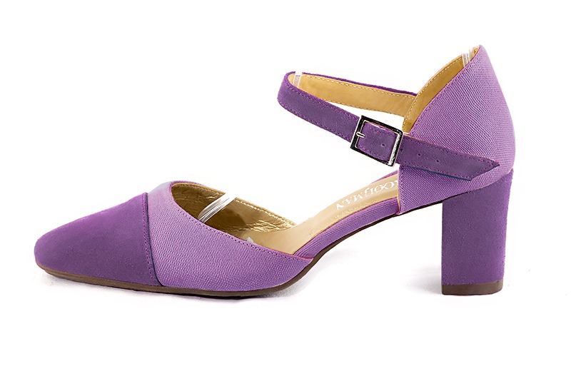 Amethyst purple women's open side shoes, with an instep strap. Round toe. Medium block heels. Profile view - Florence KOOIJMAN